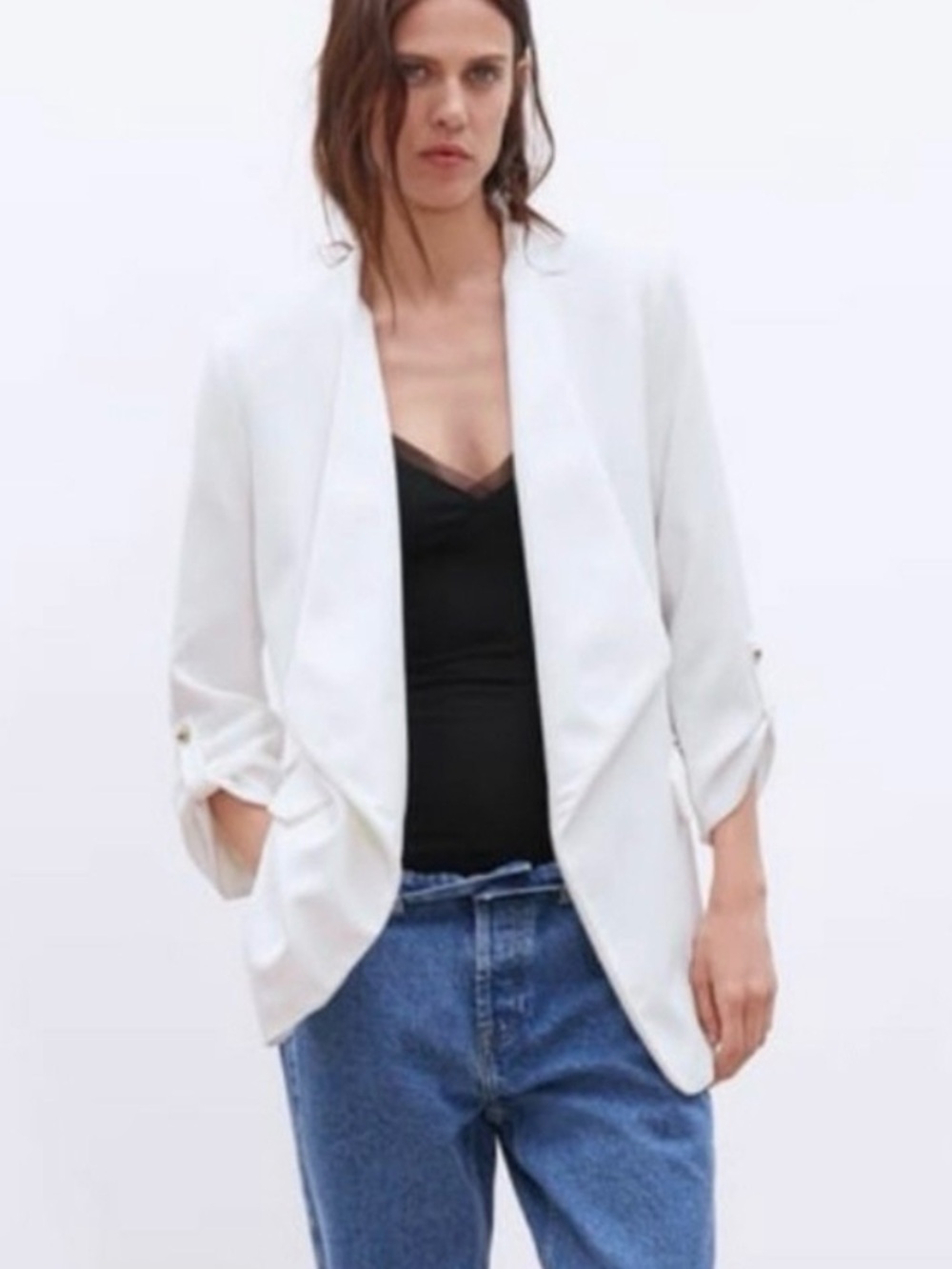 Zara 3/4 ruched sleeve white blazer